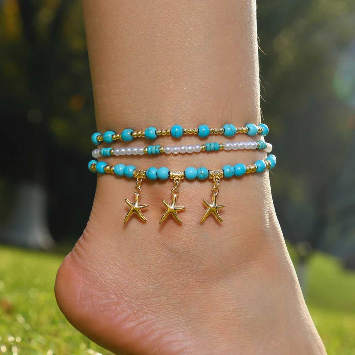 Boho Summer Beach Starfish Turtle Flower Seed Beads Anklet for Women Men Vintage Handmade Multilayer Anklets Holiday Jewelry W250604