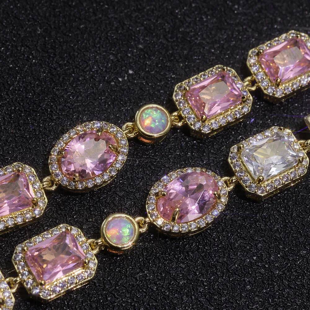 ESKEEM 10mm Opal Custom Bling Pink Cz Stone Sier Gold Plated Necklace Geometric Gemstone Motif Iced Out Link Chain