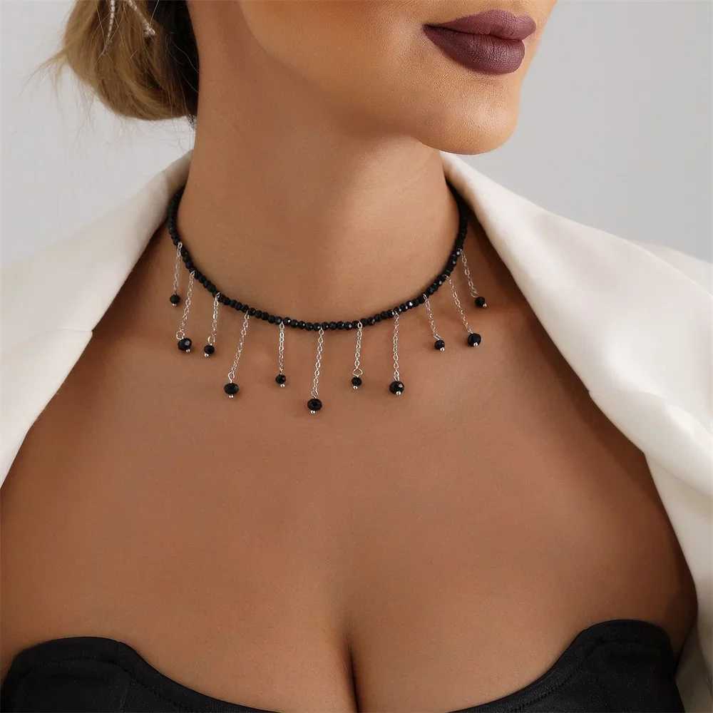 Fashion Vintage Black Bead Chain Silver Plated Metal Tassel Pendant Necklace For Women Female Boho Simple Choker Jewelry GiftXJ250604