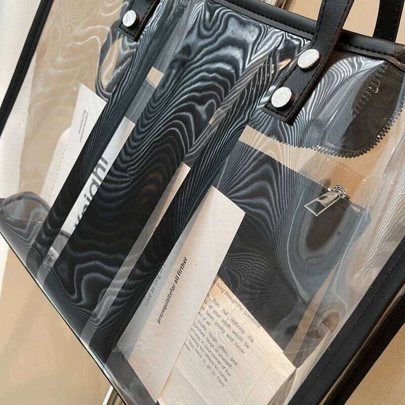 2025 Summer Hot Transparent Shoulder Bag Set For Women 2-In-1 PVC Striped Large Capacity Shopping Totes Travelling Beach Handbag