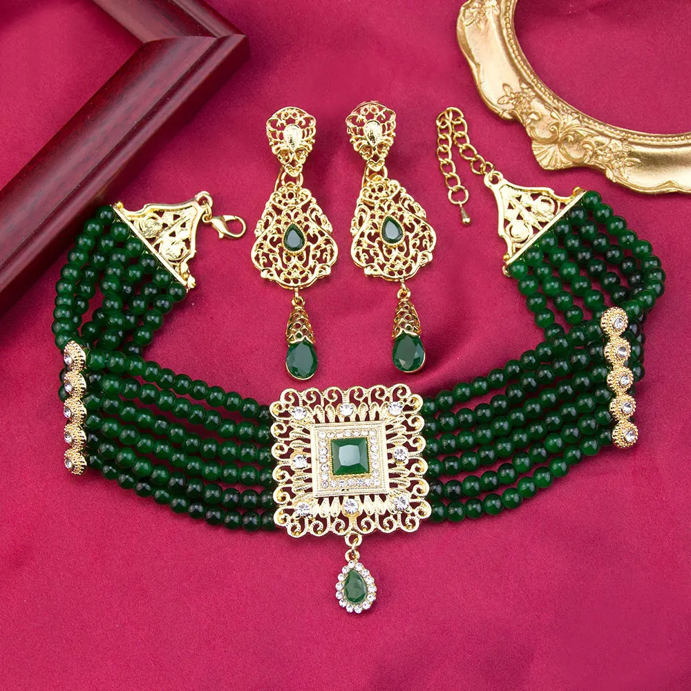 Sunspicems Gold Color Moroccan Beads Chain Choker Necklace Long Drop Earring For Women Arabic Bridal Jewelry Set Square Pendant 250530