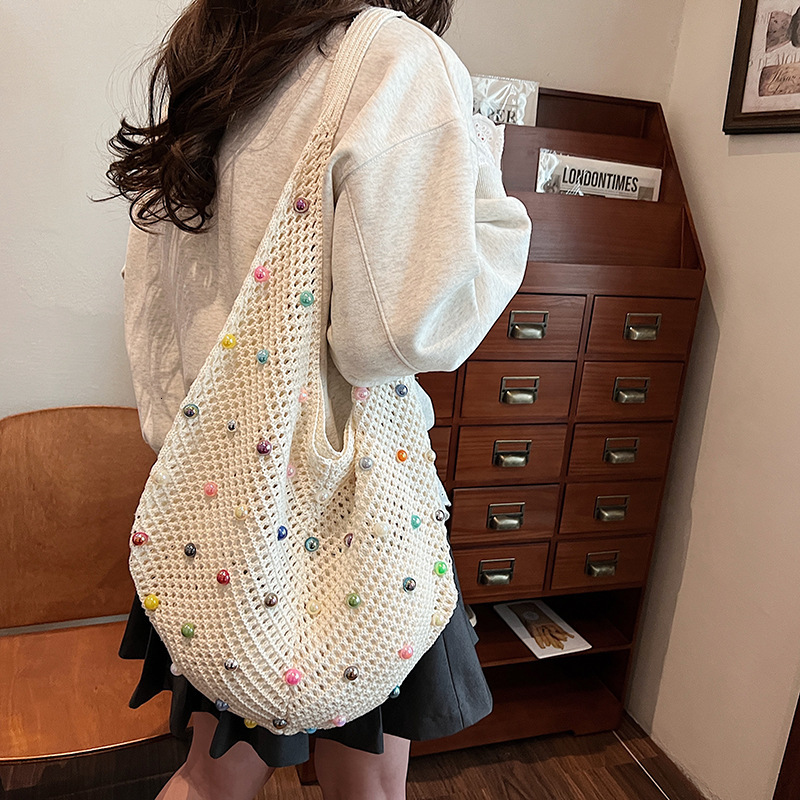 designer Lazy Style Beaded Woven Bag for Women 2025 New Simple Cute Single Shoulder Handbag Large Capacity Tote Bag