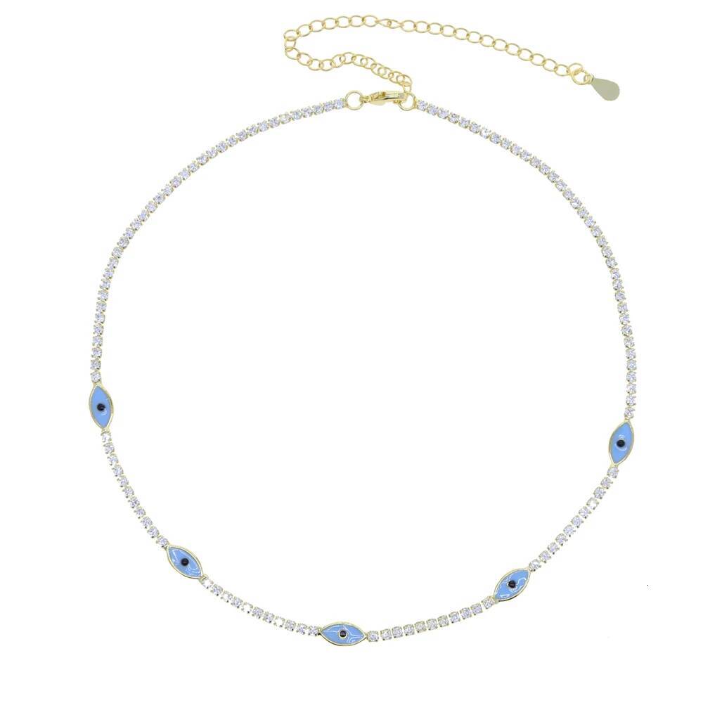 Short Sparking Cz Tennis Chain Chocker Necklace with Blue Evil Eye Charm Necklaces Fashion Women Collar Jewellery Femme