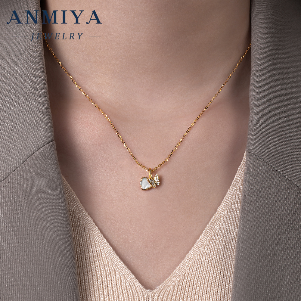 Gold Plated Silver Jewelry Dual Pendant Necklace: Heart and Butterfly with White Shell and Zircon, Luxury Necklace for Evening Events