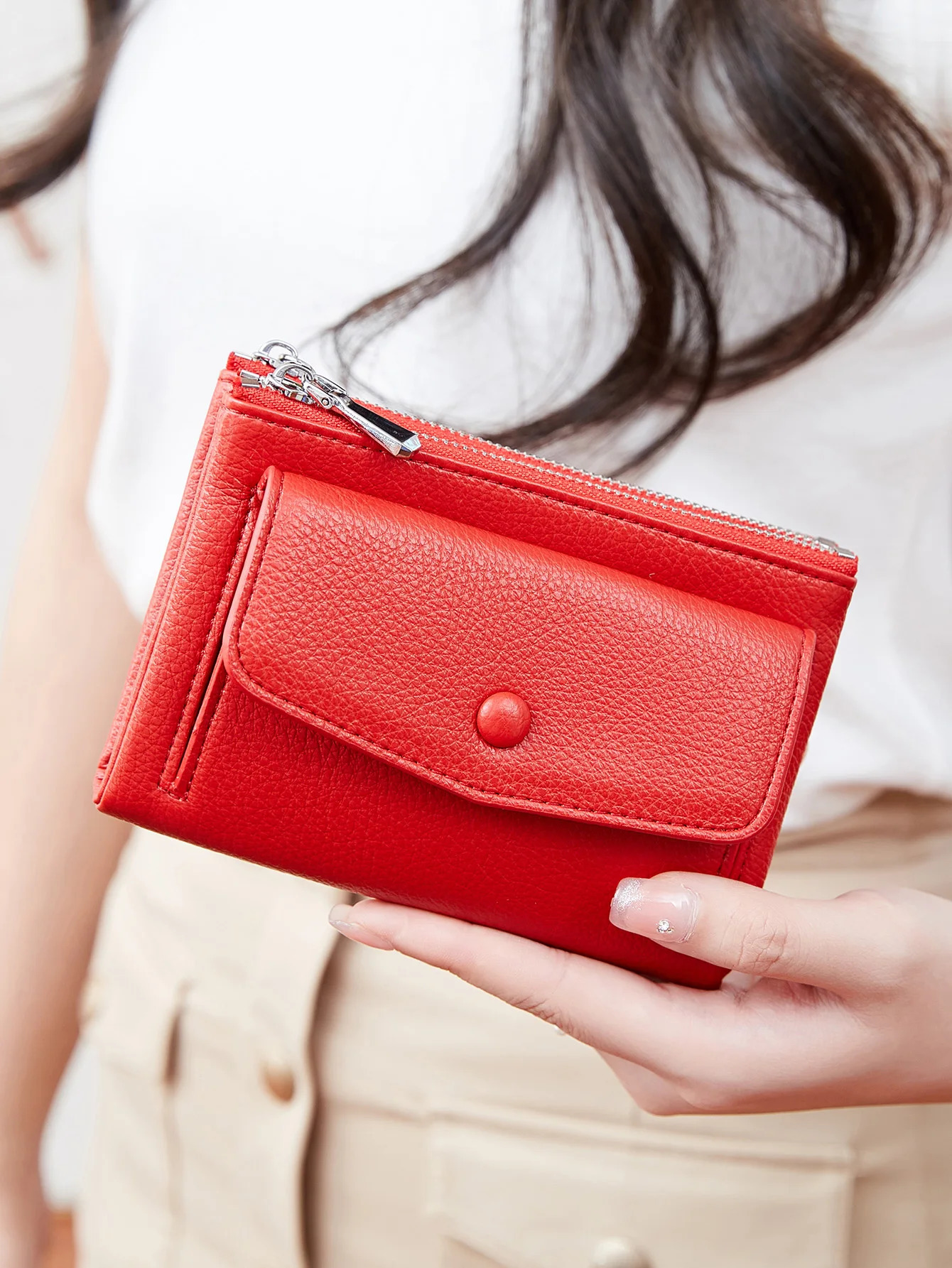 Womens wallet PU leather short double zippered simple solid color large capacity credit card holder bag with coin pocket 250605