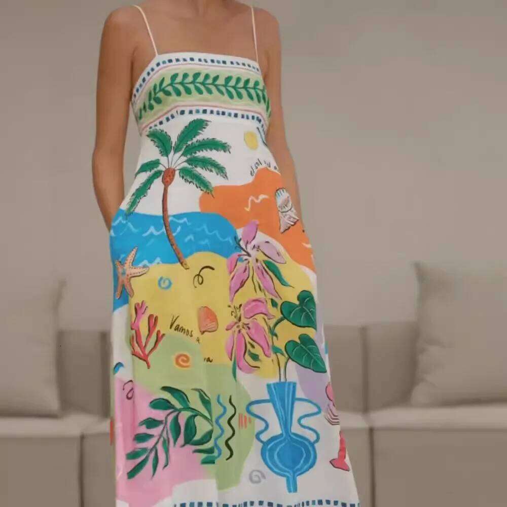 Summer European And American New Sleeveless Collarless High Waist Printed Painted Women's Large Swing Sling Women Dress