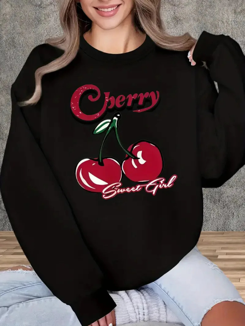 Cherry bow printed sports shirt for womens casual loose round neck cute aesthetic pullover Y2K clothing Harajuku style hoodie 250604