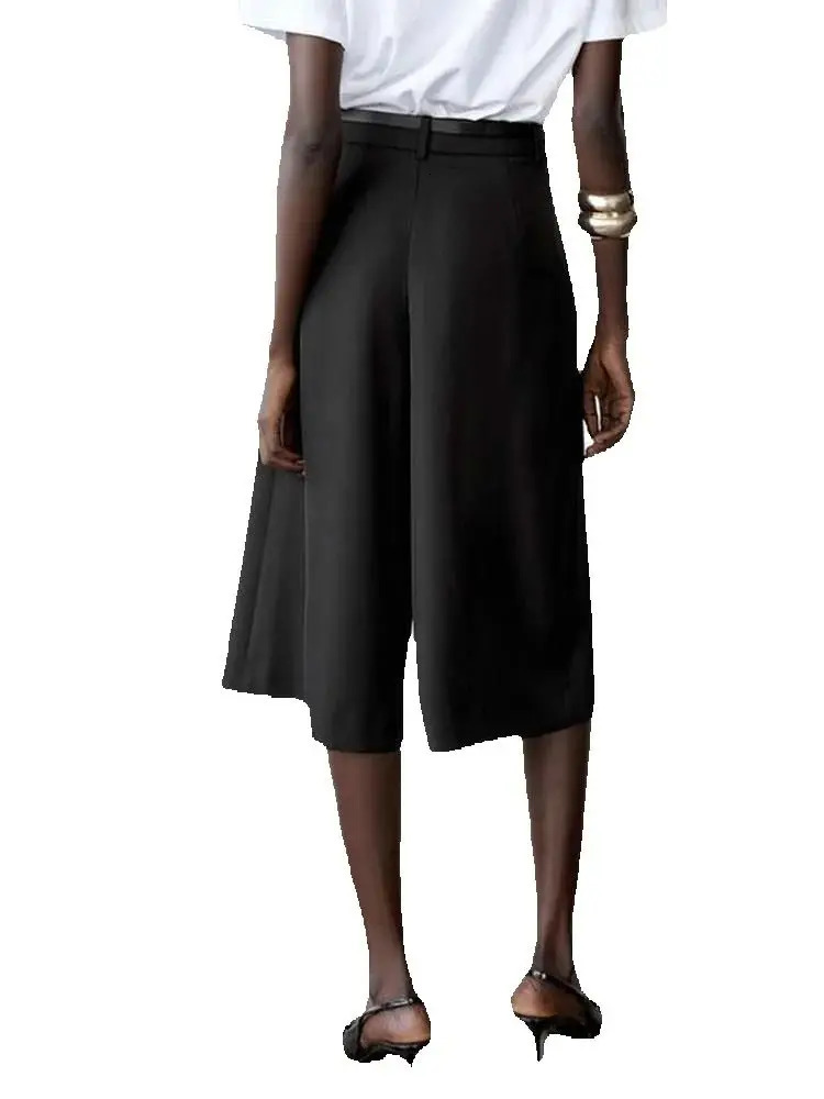 Fashion Women Vintage High Waist Straight Trousers with Belt Female Casual Summer Elegant Knee Length Street Wide Leg Pants 250604