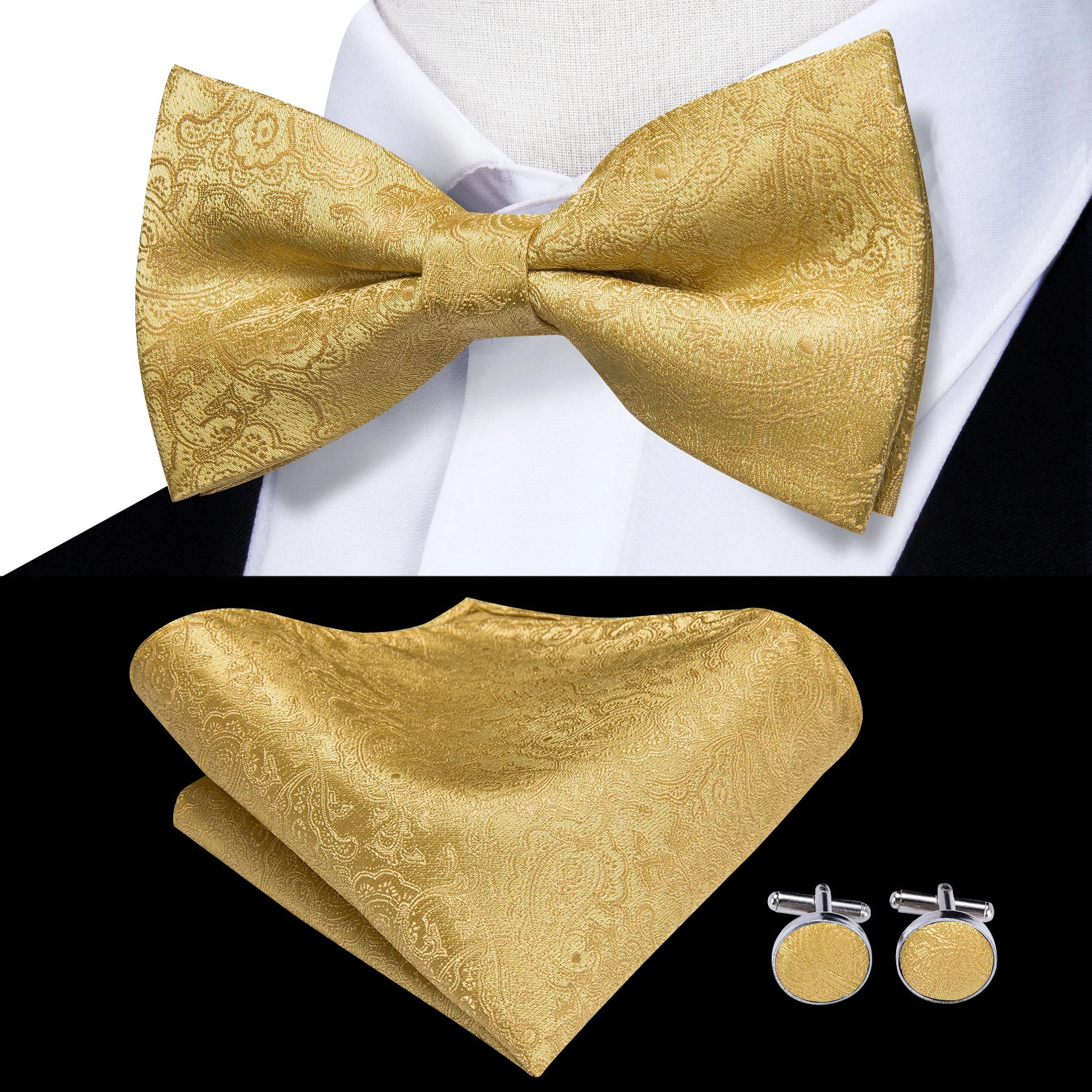 Gold Mens Vests Silk Red Blue Green Waistcoat Tie Bowtie Hanky Cufflinks Set Male Waist Jacket Wedding Office HiTie 250605Z