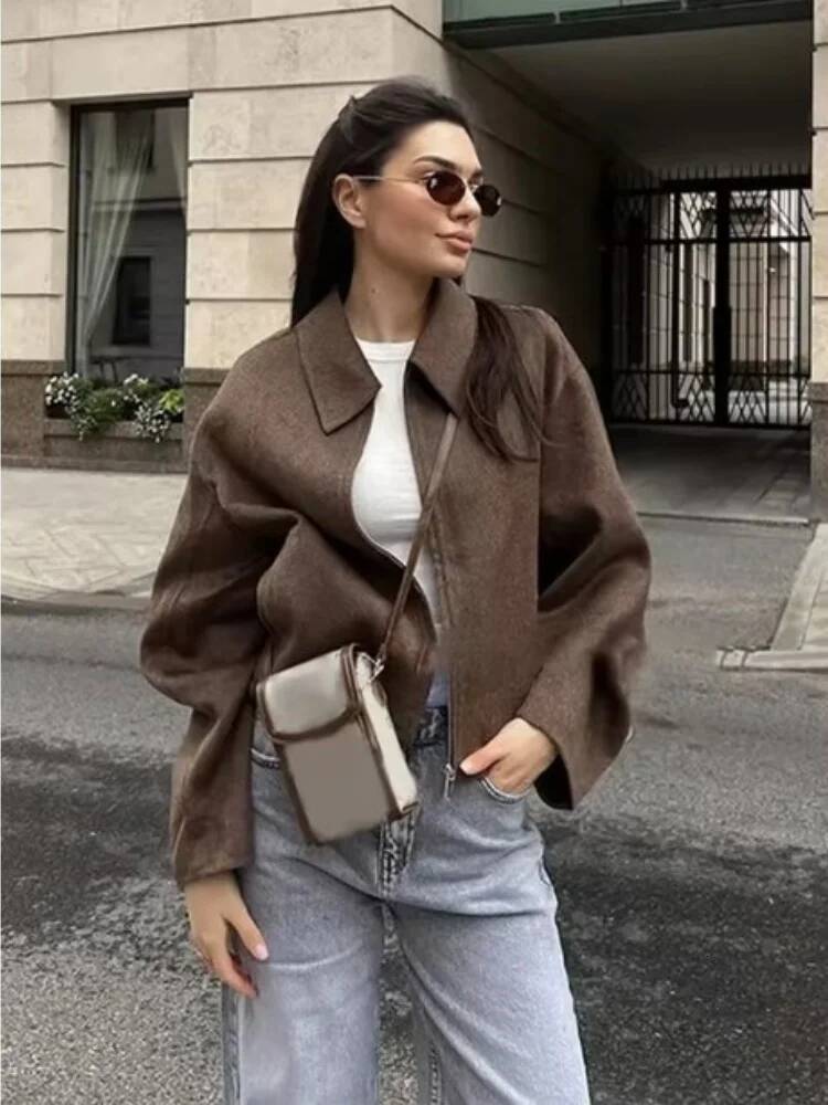 Zipper Crop Jackets For Women Vintage Turn Down Collar Full Sleeves Woolen Coat Lady 2025 Spring Autumn New Chic Casual Overcoat