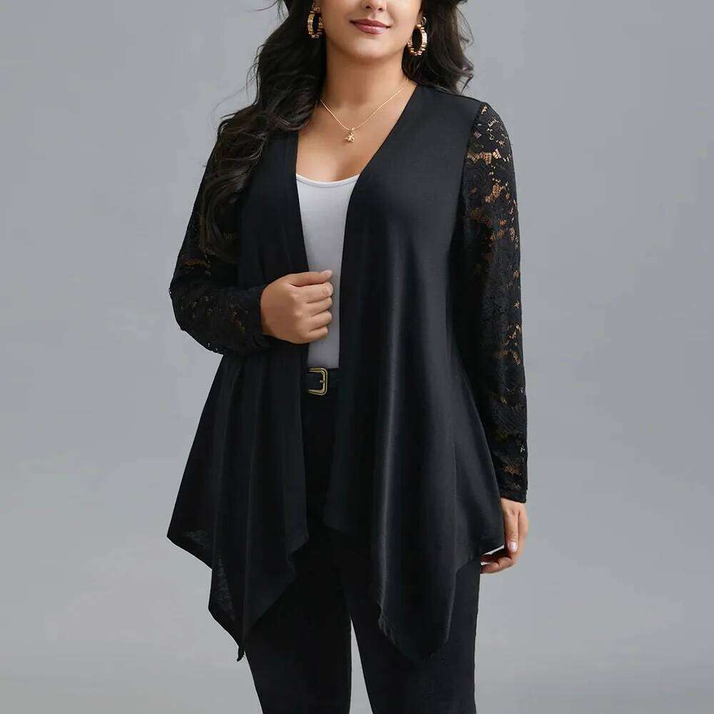 Women's Plus Size Elegant Cardigans Floral Lace Patchwork Long Sleeves Asymmetrical Spring Office Ladies Loose Solid Outwears
