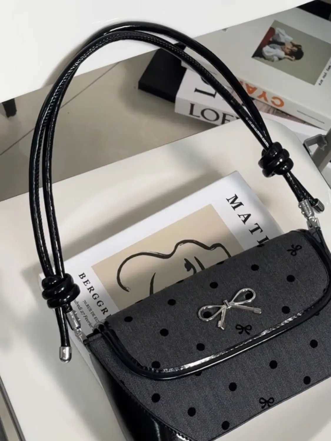 JIAERDI Sweet Cool Bow Black Underarm Bag Purse Women Fairycore Ahetic Dot Y2k Shoulder Bags Ladies Harajuku Square Handbag XJ250605