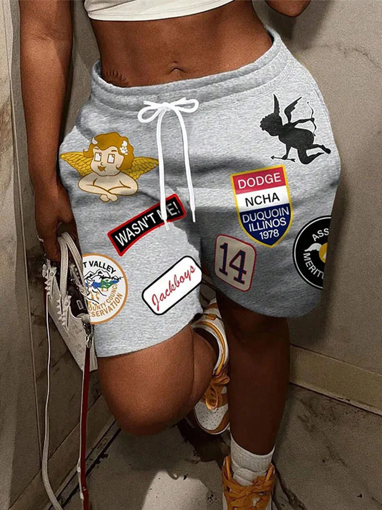 Womens shorts gray cartoon letter printed oversized loose pants storage sleeping casual home beach shorts 250604