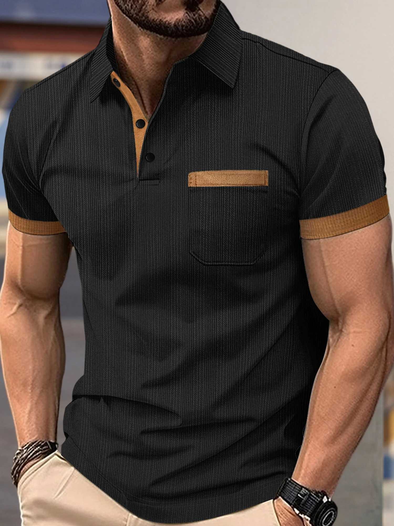 Mens Summer Lapel T-Shirt with Stylish Contrast Colors and Short Sleeves - Perfect for Beach Vacations and Streetwear Fashion XJ250605