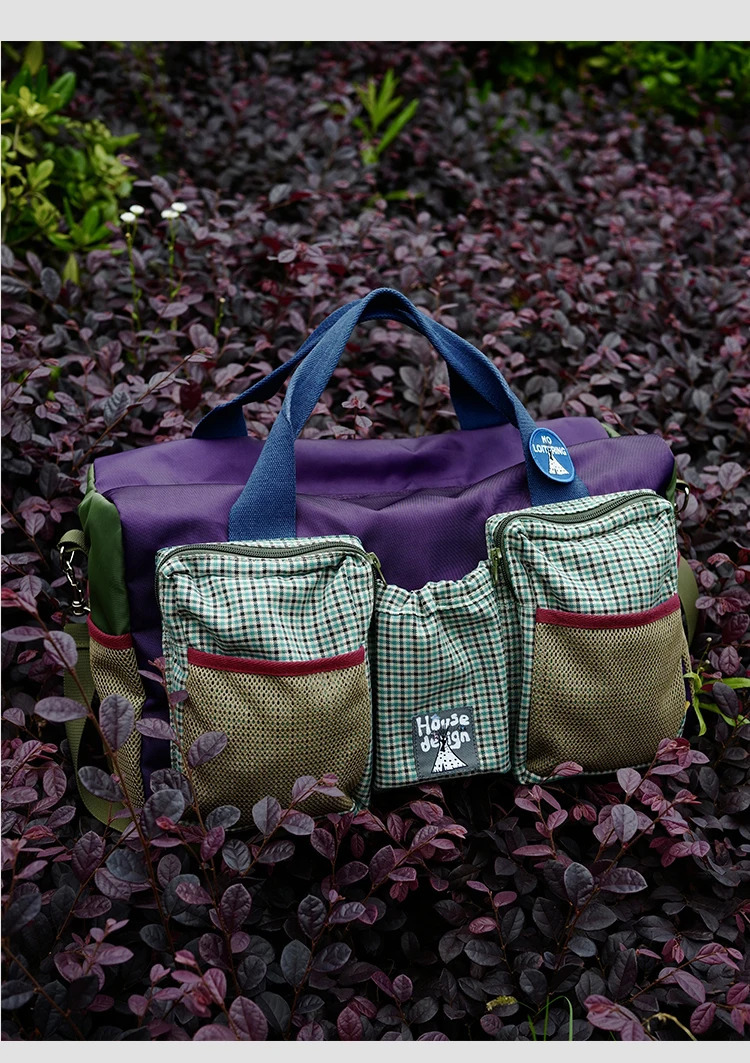 Fashion Korean Style Plaid Purple Womens Nylon Travel Bag Large Capacity Lightweight Waterproof Handheld Fitness Shoulder Bag 250530