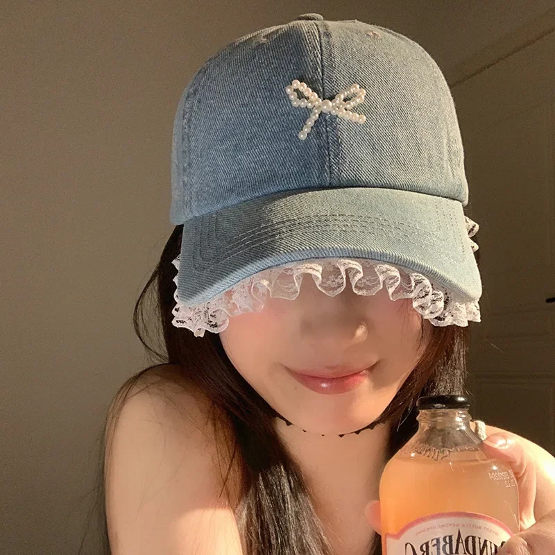 Denim Diamond Bow Kont Baseball Cap Korean Y2k Fashions Lace Baseball Hip Hop Hat Summer Sun Protection Beach Hat 250603