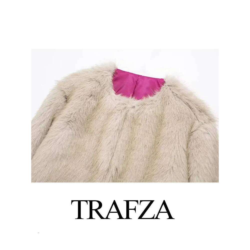 Coats Designer Women TRAFZA Winter Streetwear Faux Fur Effect Short Jacket Coat Retro Solid Color O Neck Longsleeve Women's Loose Thermal Top Des