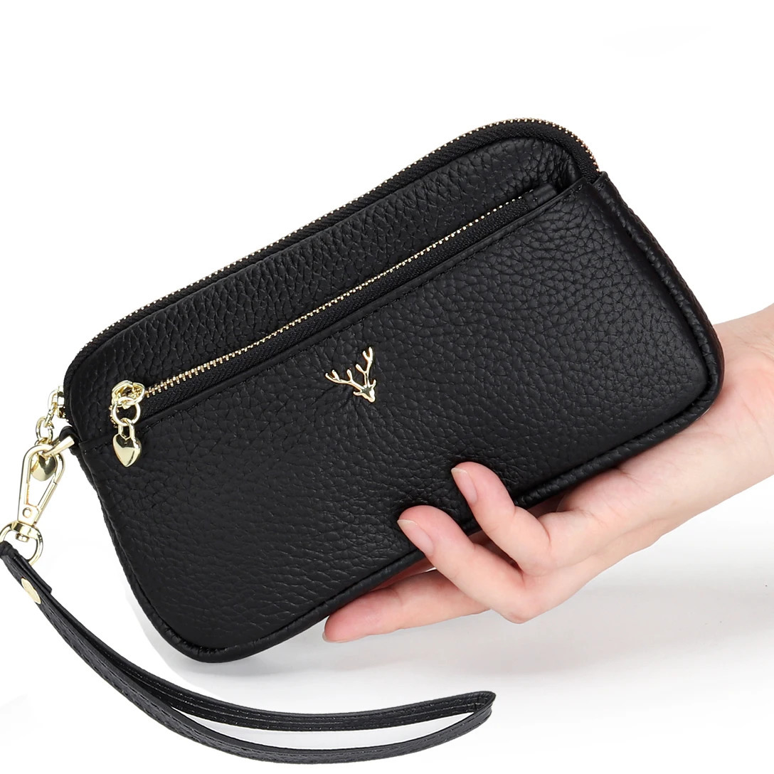 Genuine Leather Women Long Wallets Card Holder Clutch Bag Female Wrist bags Strap Solid Wallet ner Cowhide phone Purse 250605