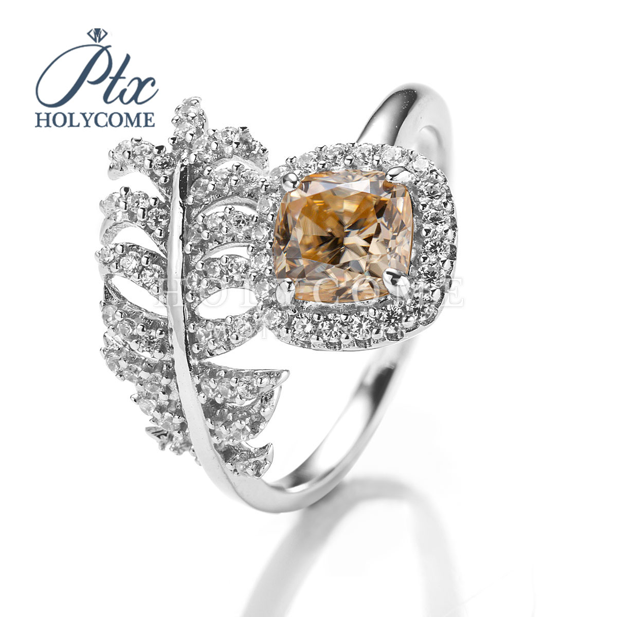 Custom 1CT Champagne Moissanite Finger Rings Jewelry Party Anniversary Feather Shape Gemstone Cushion Diamond 925 Silver Cluster Ring for Women