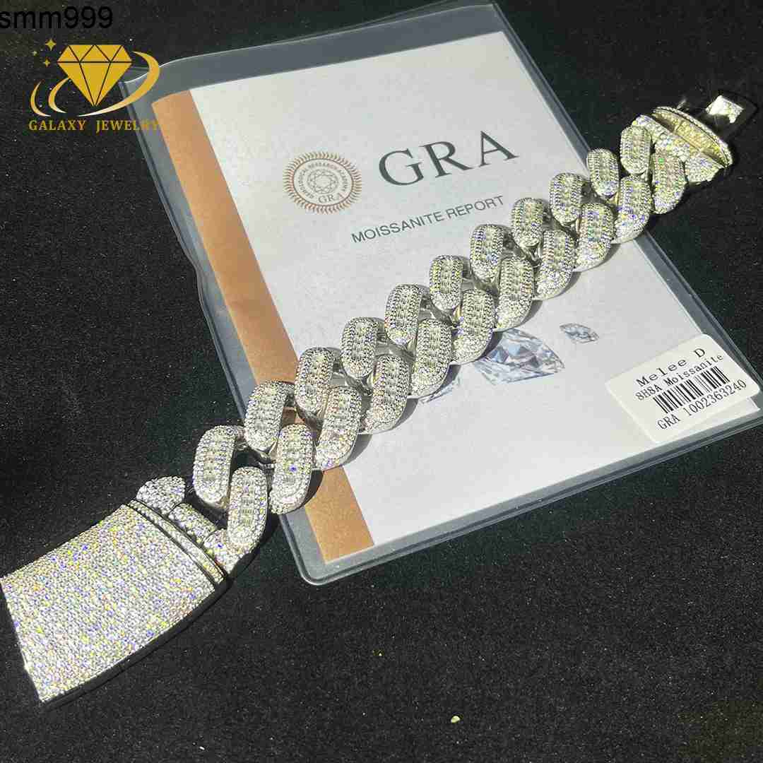 Mossanite Hip Hop Jewelry 26mm 8inches Pass Diamond Tester 925 Silver Baguette Moissanite Iced Out Cuban Link Bracelet for Mens