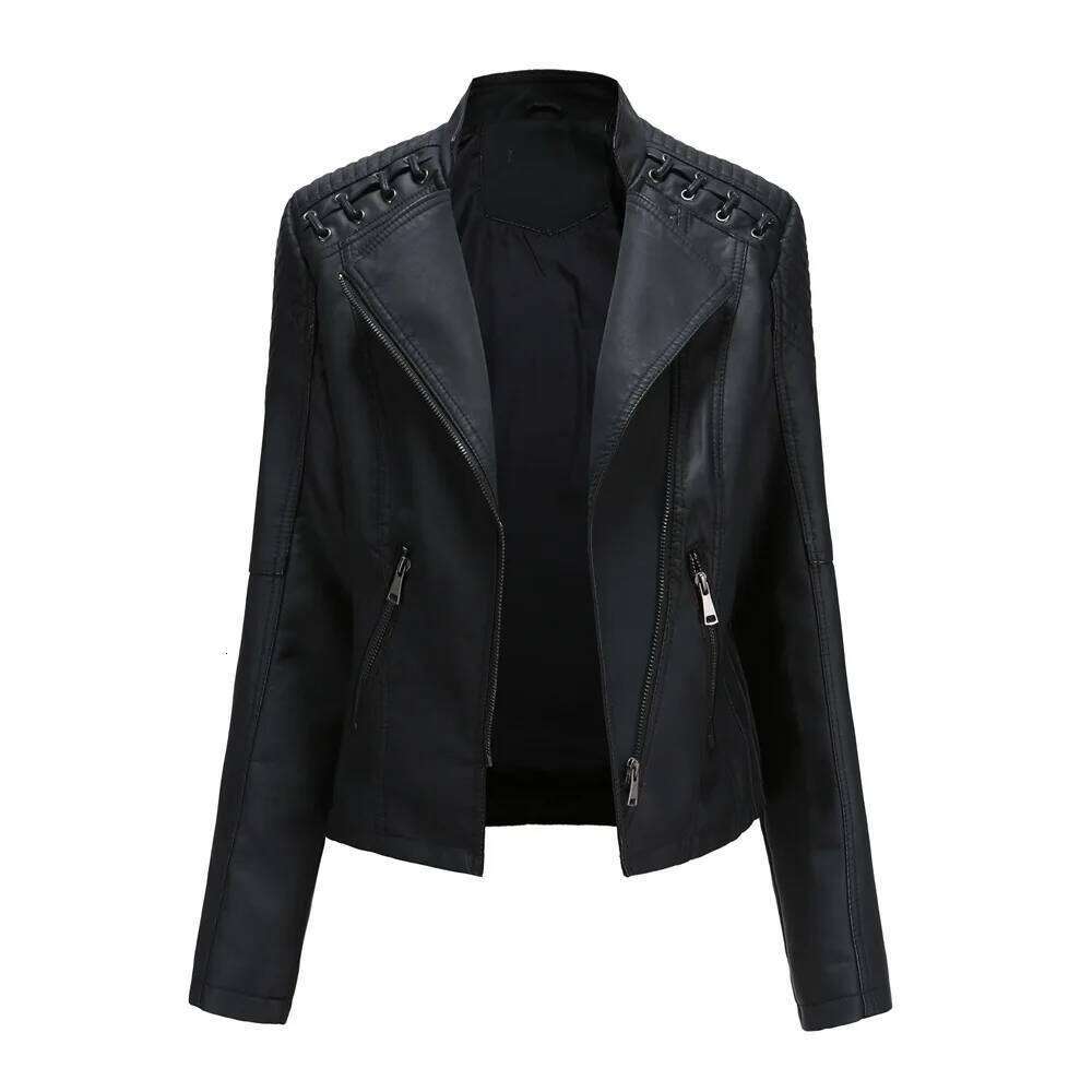 2023Spring Autumn Ladies Motorcycle Jackets Women Turn-down Collar Zipper Slim Black Moto & Biker Jacket Female Leather