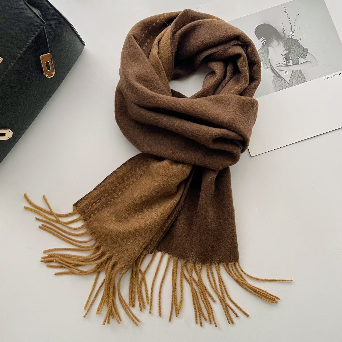 T886 wool scarf solid color stitching design double-sided cashmere shawl winter thickening fashion warm high-end neck scarf