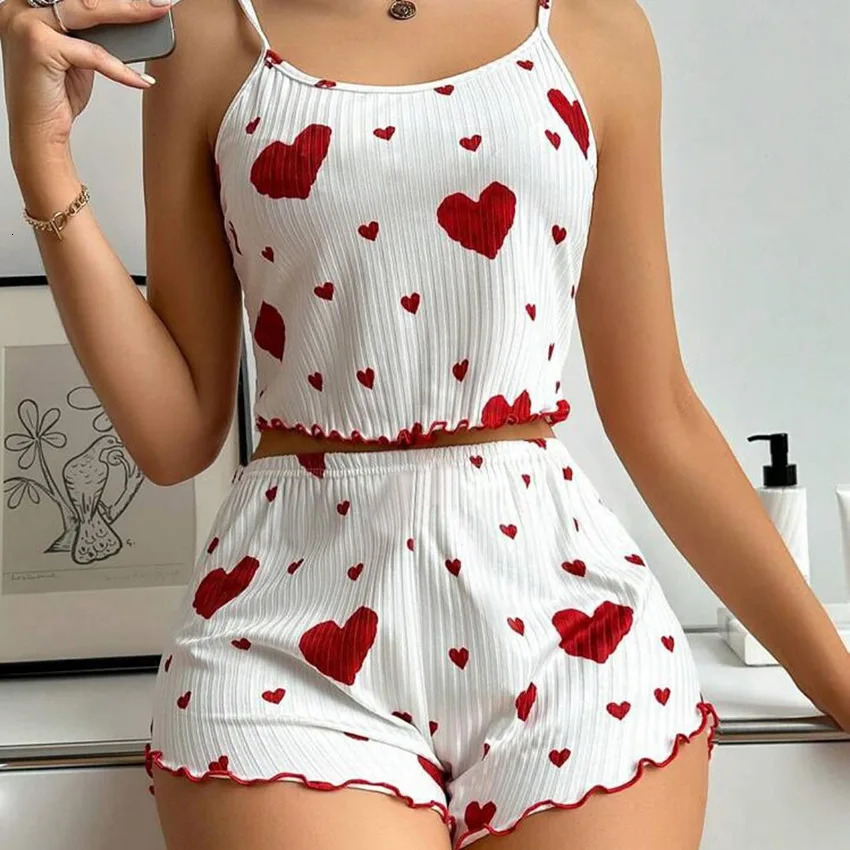 Women pajamas plus size pajamas set 2 piece short vest shorts white S M L XL breathable soft casual love print 250529