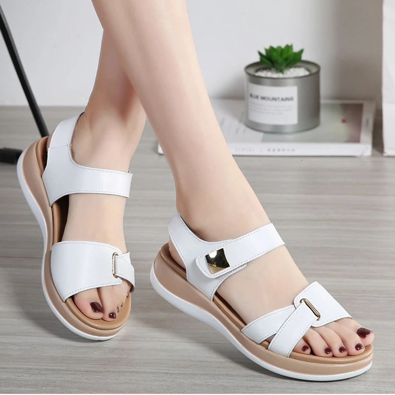WOIZGIC Women Female Ladies Mother Genuine Leather Shoes Sandals Flats Soft Hook Loop Korean Bling Summer Beach Size 3540 250605