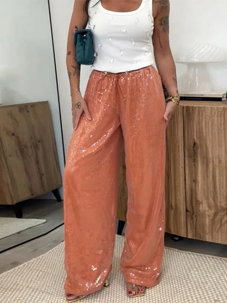Loose Solid Color Sequin Pants Woman Cinched Waist Glitter Straight Baggy Long Casual Street Chic Sparkle Womens Trousers 250604