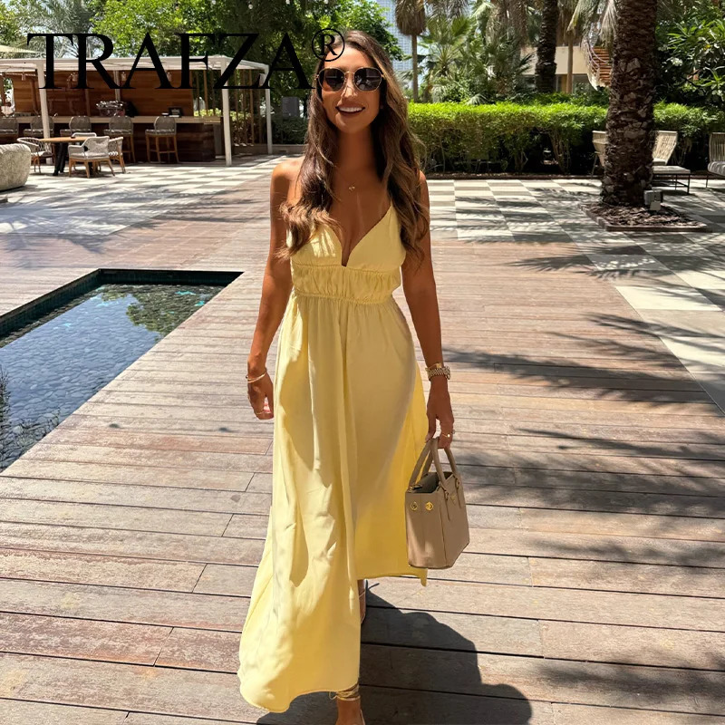 TRAFZA Woman Yellow Dress For Beach Party Midi Women Strapless Backless Drawstring Pleated Dresses Summer Vestidos 250604