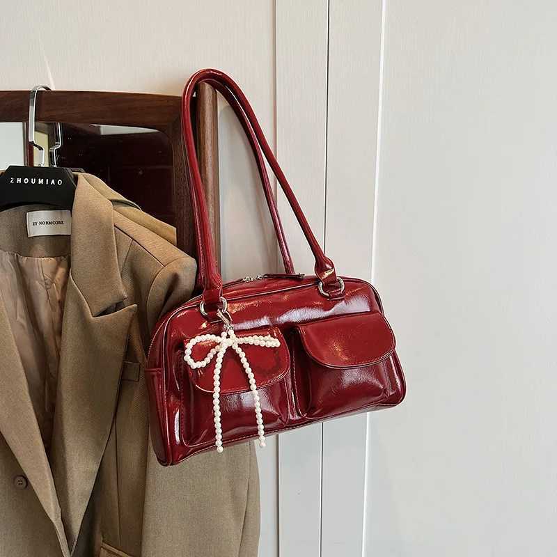 Red Pear Bow Fi Glossy PU Shoulder Bags Fi Versatile Hand Bags 2024 Hot Sale Bags for Women Bolsas Femininas XJ250605