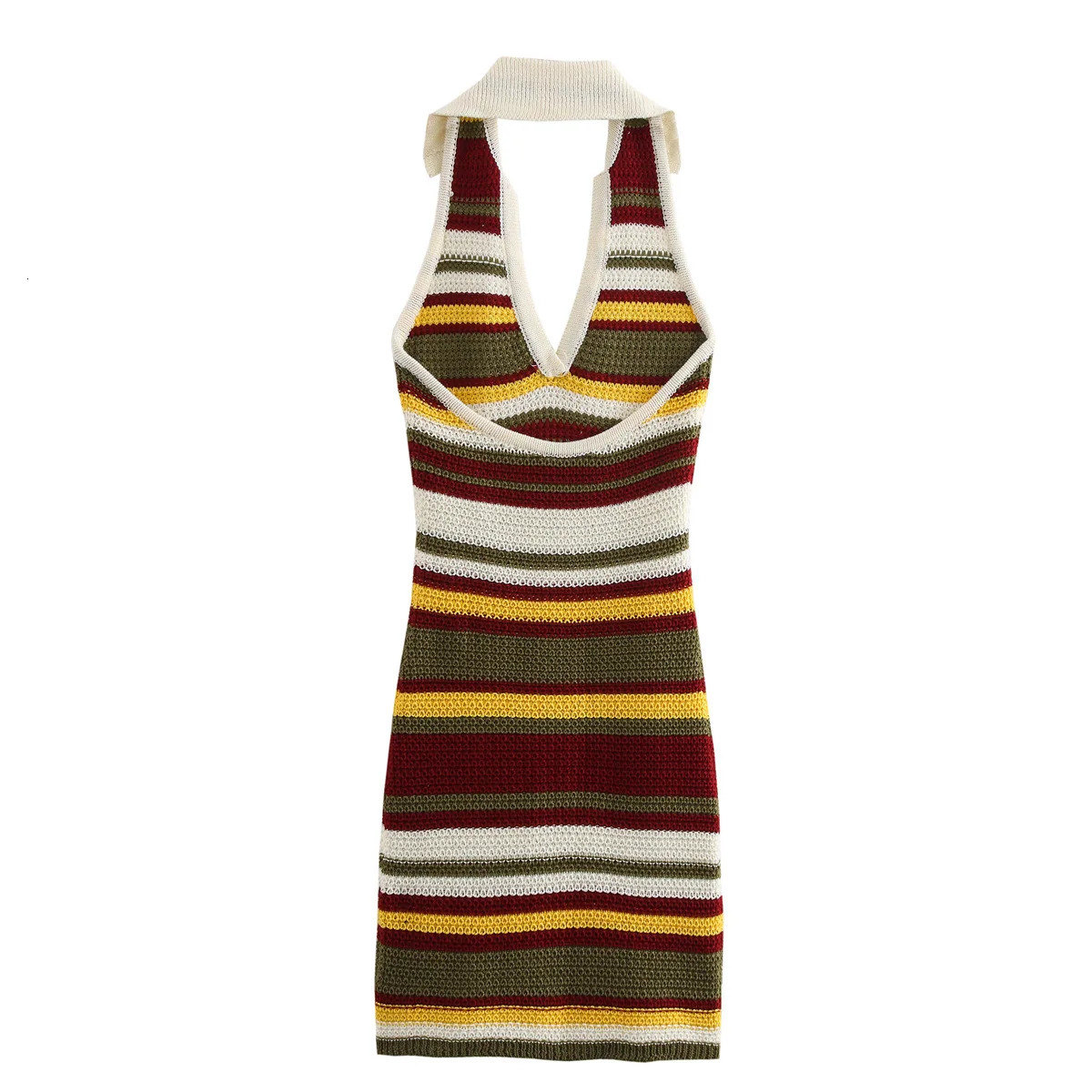 Womens Summer Striped Knit VNeck Backless Sexy Dresses Strapless Party Mini Dress Free Size 250604
