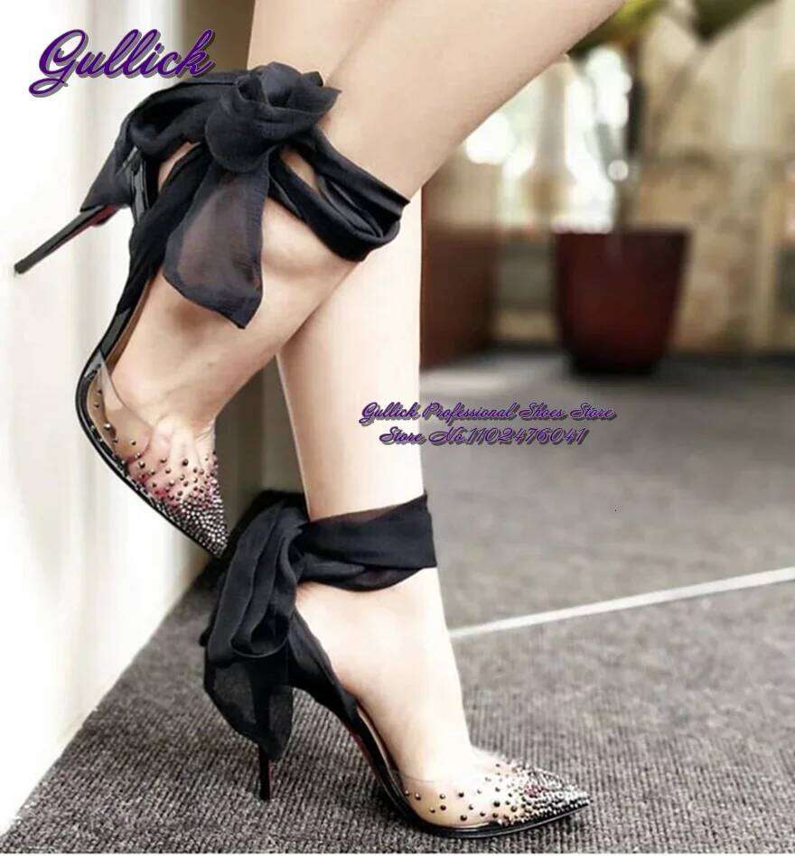 Gullick Red White Black Mesh Butterfly-Knot Lace-Up Wedding Shoes Clear PVC Crystal Pointed Toe Dress Pumps Glittering Slingback