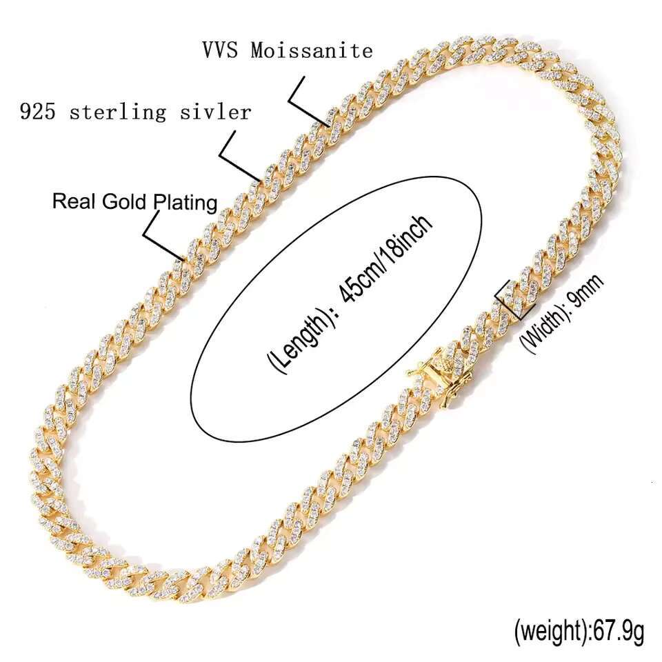 High Quality 9MM VVS Moissanite Pass Diamond Tester Iced Out 925 Silver Hip Hop Necklace Miami Cuban Link Chain Men and Women