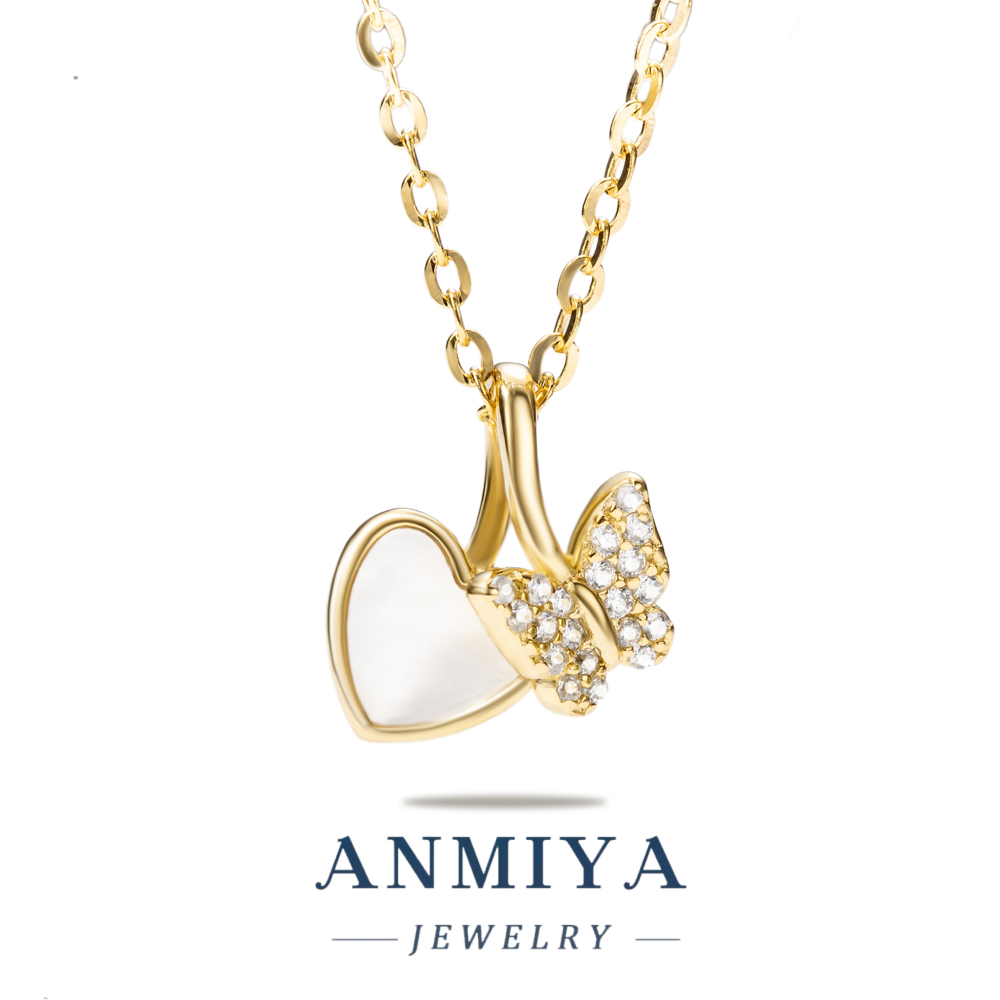 Gold Plated Silver Jewelry Dual Pendant Necklace: Heart and Butterfly with White Shell and Zircon, Luxury Necklace for Evening Events