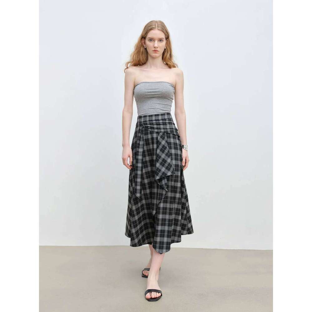 ZIQIAO 2025 Summer Petite Artistic Check Skirt - High-Waisted Asymmetric Hem & A-Line Silhouette For Retro Chic 25Zq92390