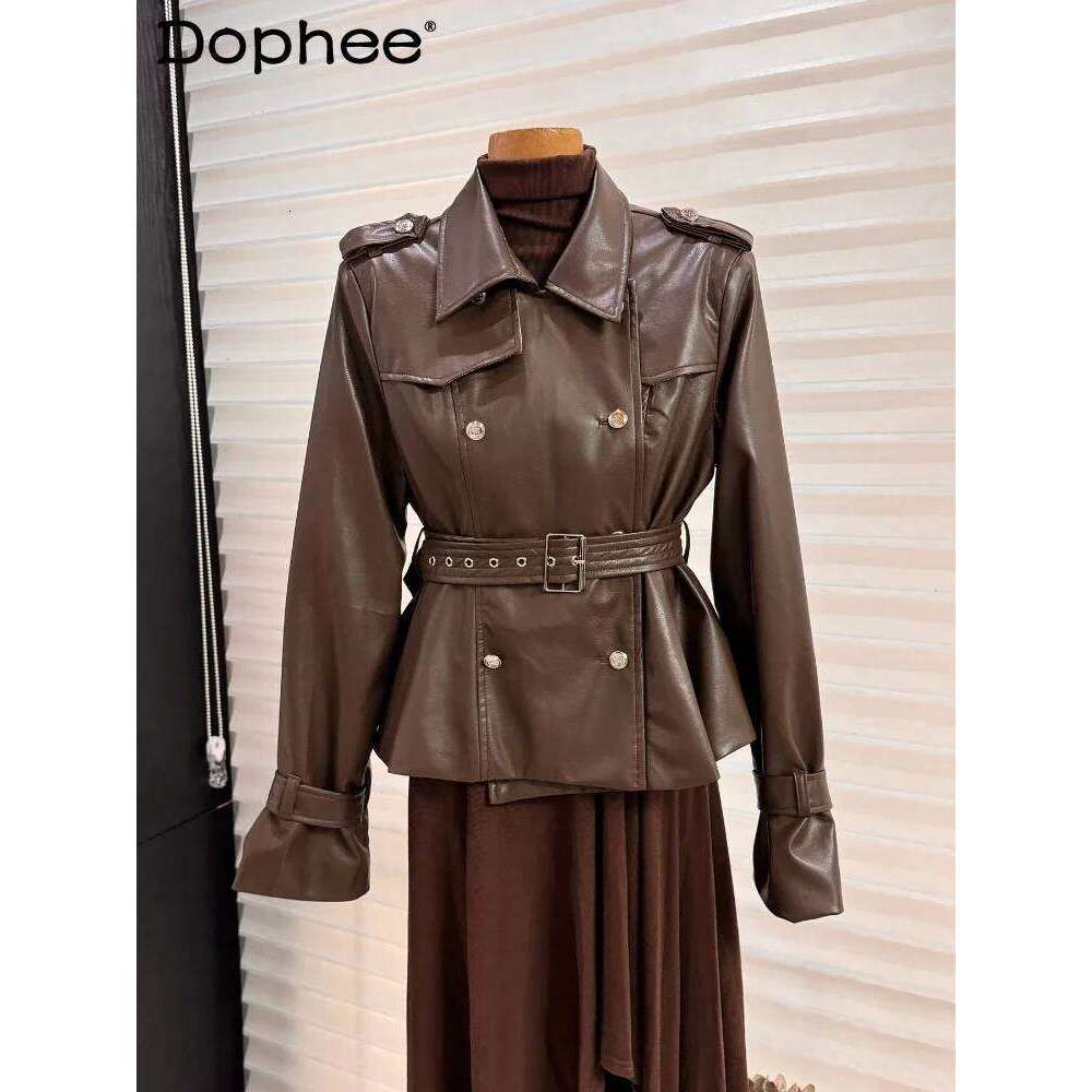 Autumn New Lapel High Waist Cool Girl Short Leather Women's Slim Fit Double Breasted Long Sleeve Motorcycle Jacket
