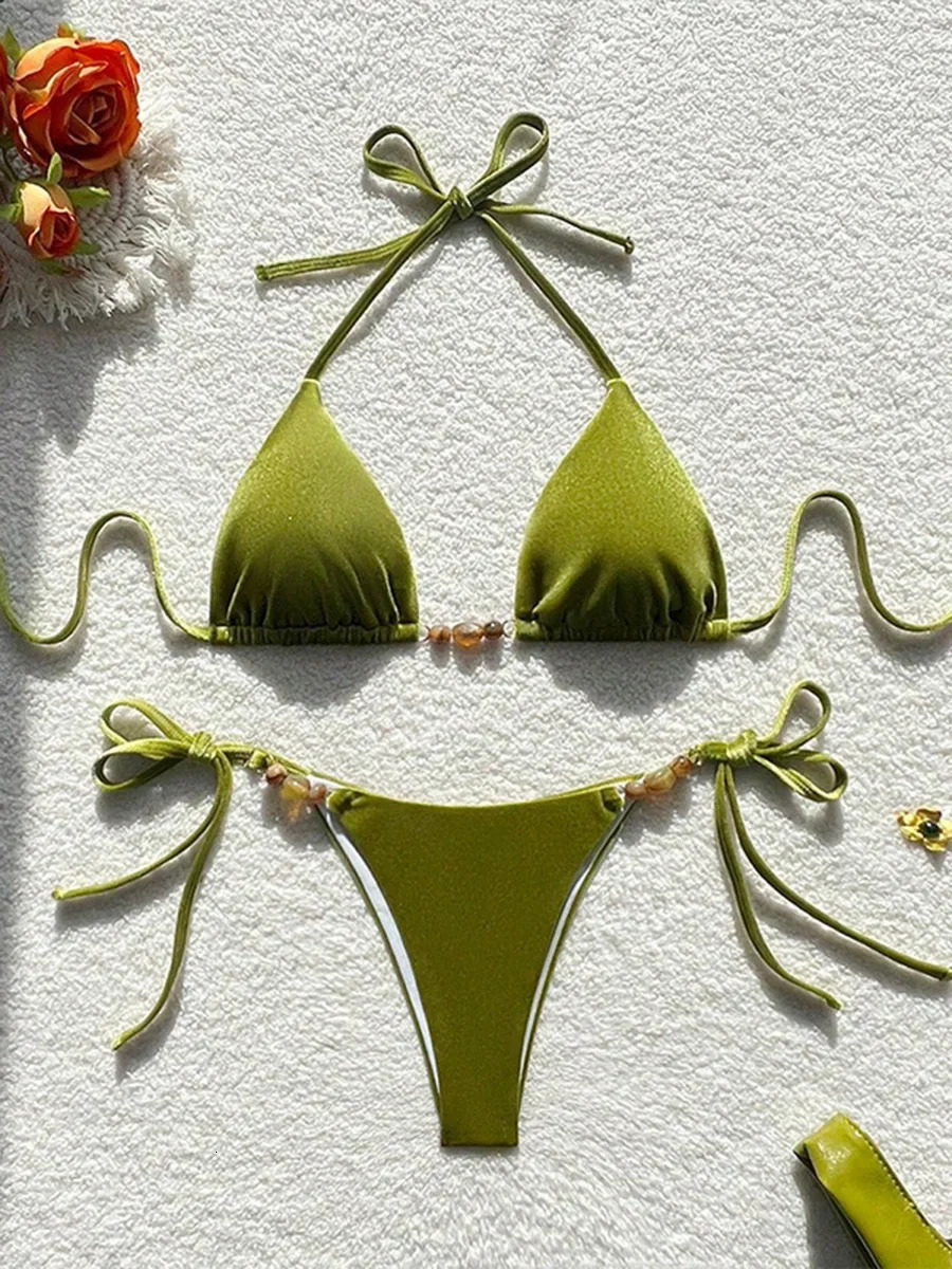 Sexy Beads Halter Velvet Bikini Female Swimsuit Women Swimwear Twopieces Set High Cut Bather Bathing Suit Swim Beachwear 250604
