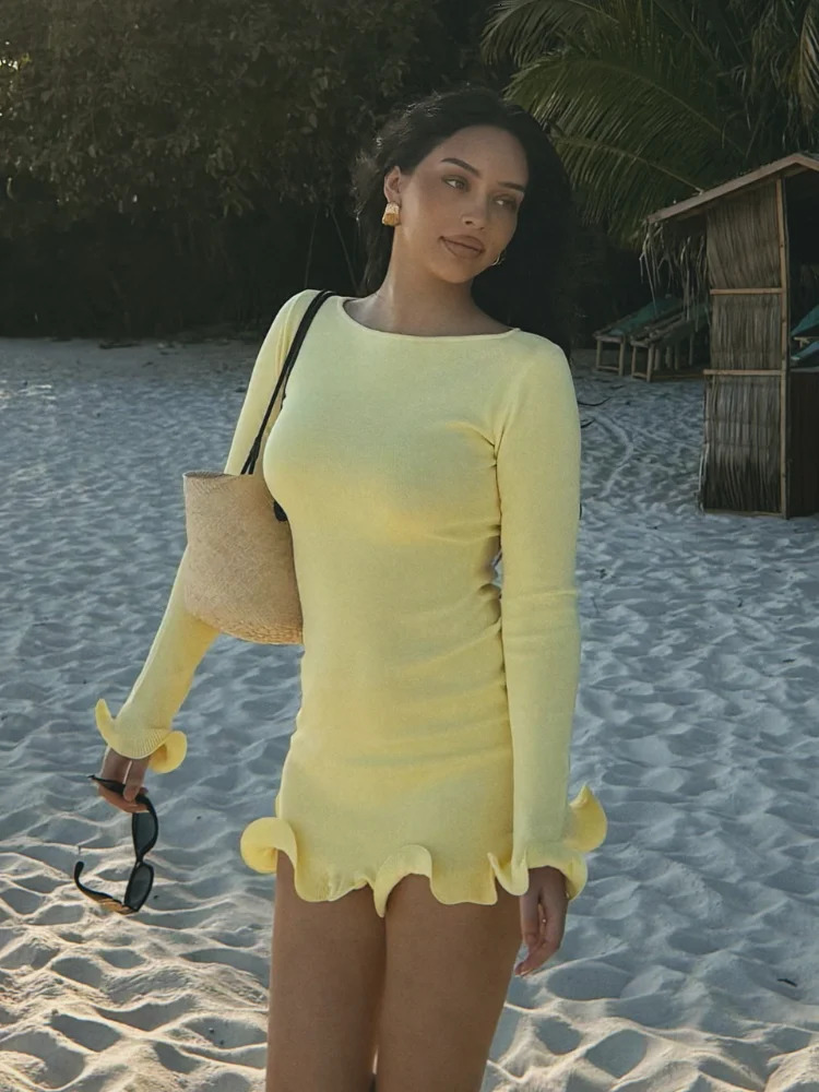 Yellow Curled Edge Knitted Mini Dress Women Fashion Round Collar Flare Long Sleeve Slim Vestido 2025 Lady Casual Holiday Dresses 250529