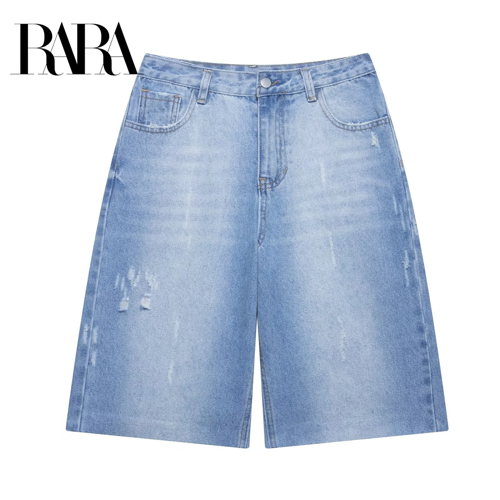 RARA Summer Womens Clothing Midwaist Washed and Worn Raw Edge Straight Casual Versatile Denim Shorts 250604