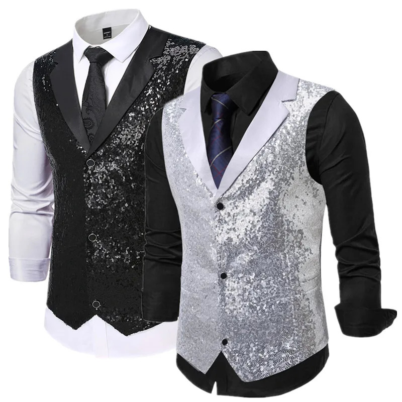 Fashion Men Sequin Suit Vest Loose Splicing Top Singer Pianist Stage Performance Dress Waistcoat 250605Z