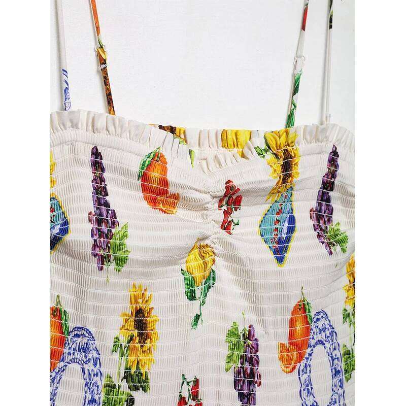 RAFZNB Women's Print Pleated Fashion Thin Straps Sleeveless Dress Summer Sexy Off Shoulder Female Elegant Party Dresses