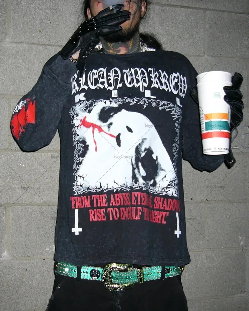 Gothic Harajuku Y2K Streetwear Graphic Top Men Vintage Retro Skeleton Round Neck Long Sleeve Hip Hop Casual Pure Cotton Tshirt 250605