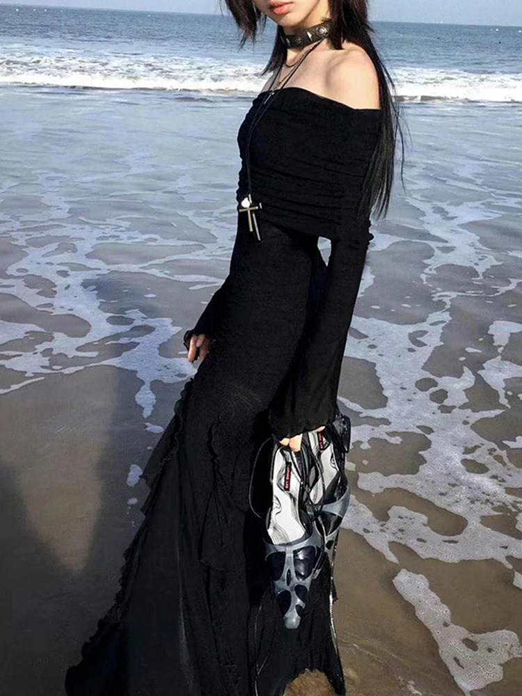 IAMSURE Elegant Fashion Dark Ruffles Split Long Dress Gothic Slash Neck Sleeve Maxi Dresses For Women 2023 Holiday Beach 250526