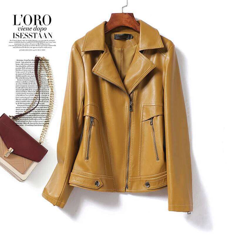 M-5XL Fashion Wine Red Zipper Moto & Biker Sheepskin Jacket for Women 2024 Autumn Female Lapel Full Sleeve Split Leather Jackets