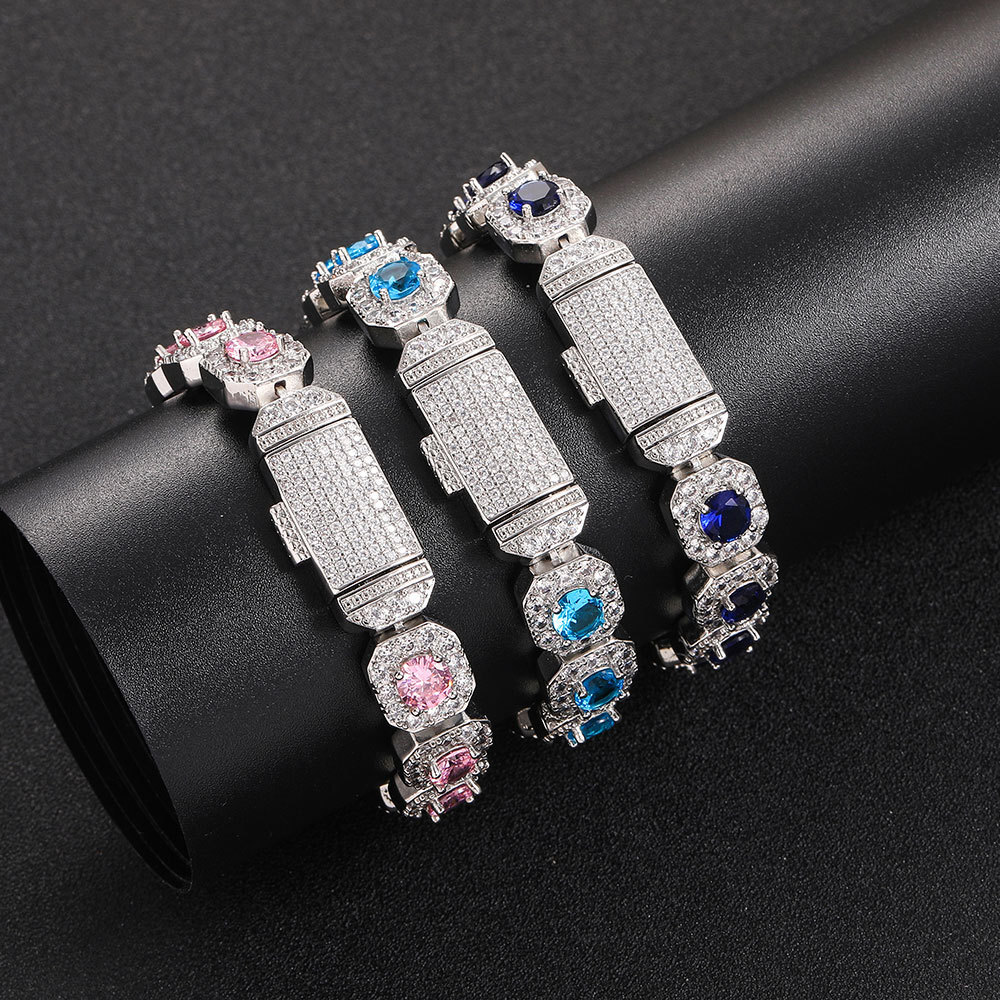 Chaopai Color Moissanite Bracelet 12mm Flip Cap Buckle Rock Sugar Chain Hip Hop Mens Bracelet Jewelry