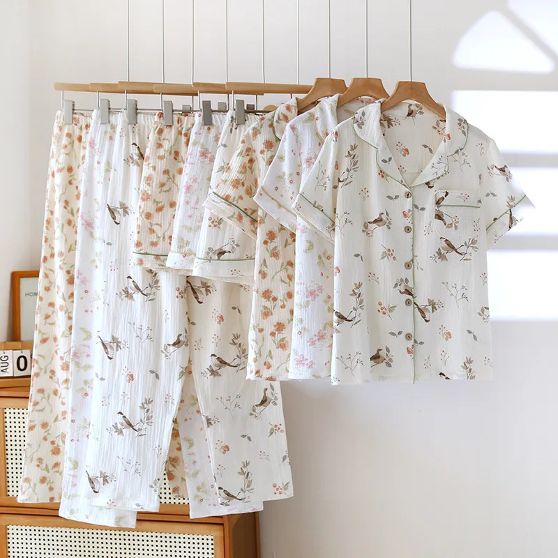 Wholesale Retail Cotton Gauze Three-piece Pajamas Womens Thin Short Sleeve Shorts Large Size Trousers Loungewear Set 250529