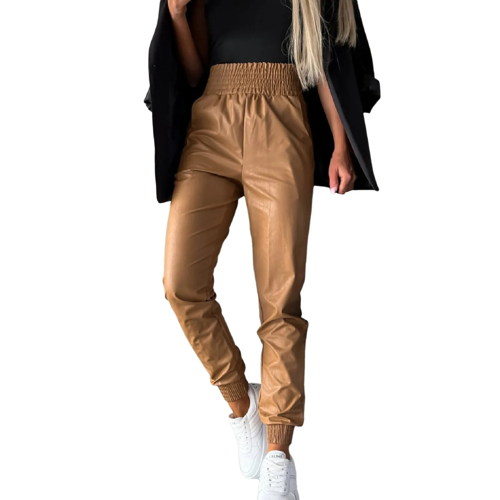 WomenS Elastic Waist Trousers Smocked Tapered Leg Pu Faux Leather Jogger Pants With Pockets Vintage Y2k Streetwear 250603