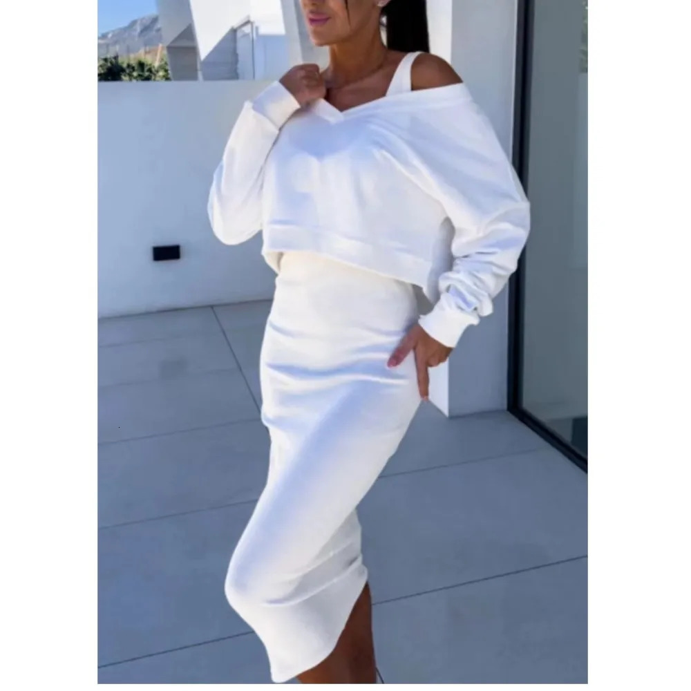 Spring And Autumn Dress Suit Fashion Sweater Vest Slimfit Bag Hip Elegant Female T Shirt Dresses 2 Piece Set 250605Z