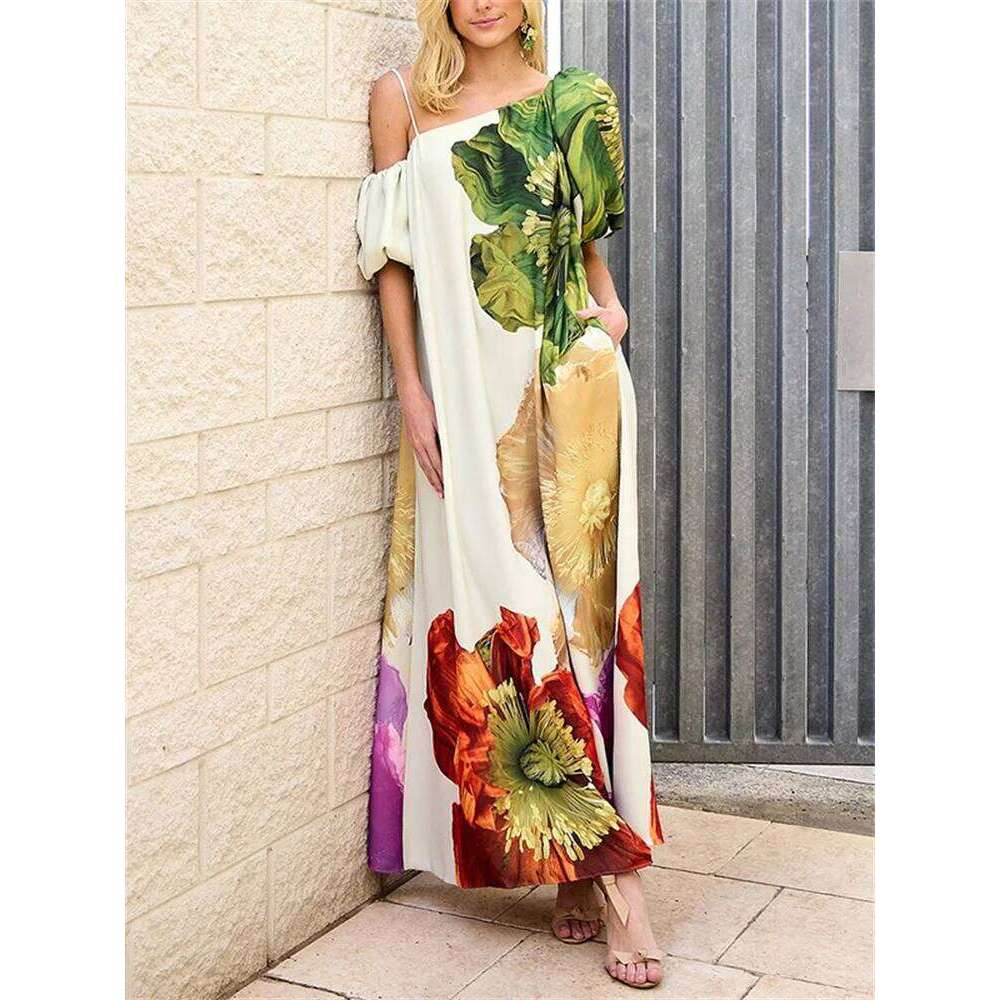 Women Elegant Floral Printed Evening Banquet Maxi Dresses 2025 New Summer Puff Sleeves One-Shoulder Party Prom Long Dress